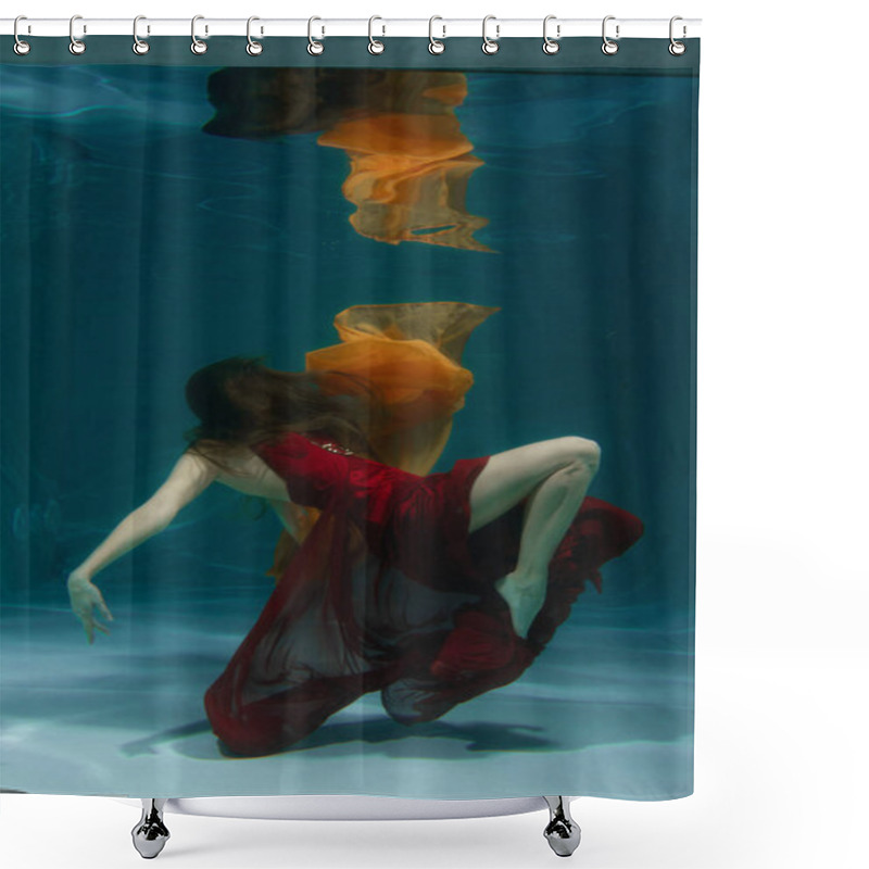 Personality  Beautiful Free Diver Woman Swimming In Long Red Evening Dress Under Water Alone In The Deep Shower Curtains