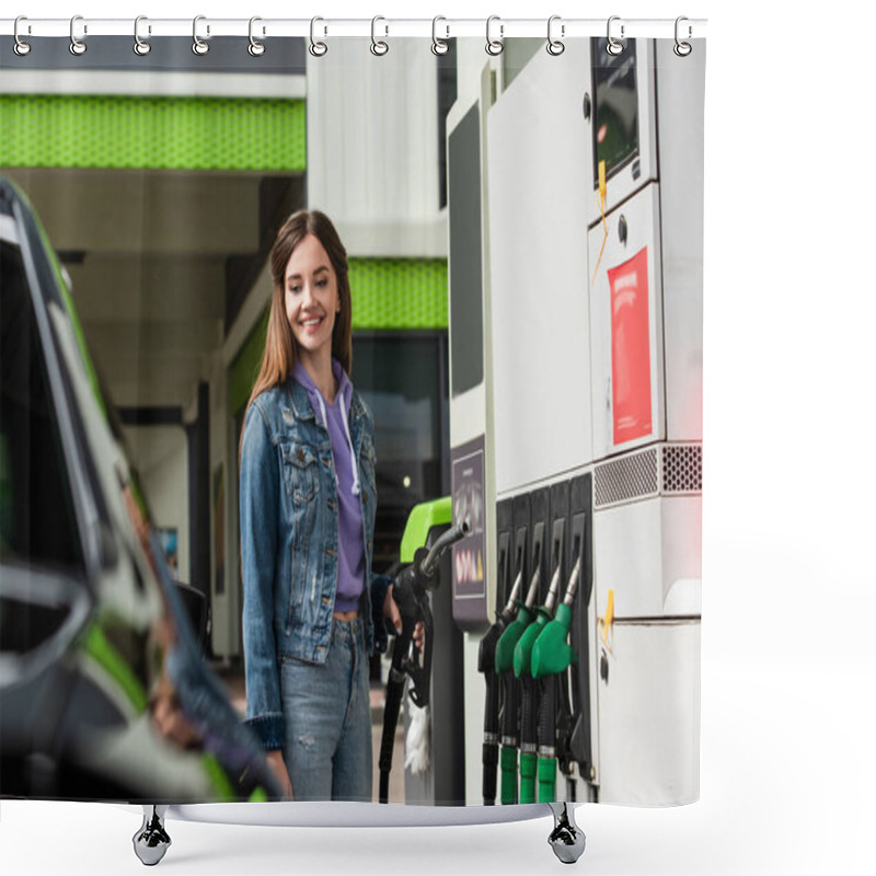 Personality  Smiling Woman In Denim Clothes Holding Gasoline Pistol Near Blurred Car Shower Curtains