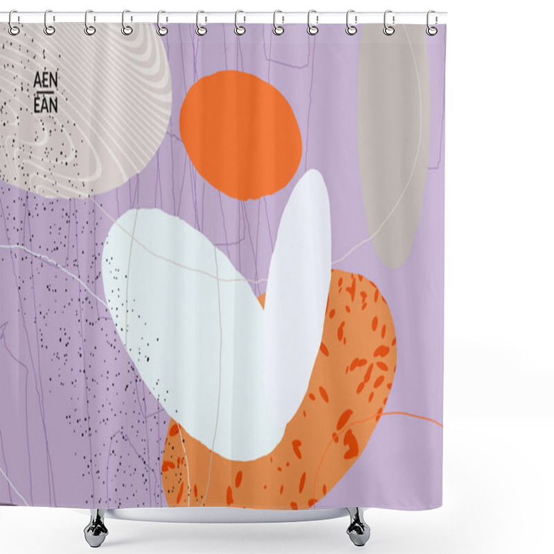 Personality  Retro Hipster Art Print Or Poster Design. Wavy Motley Shapes. Overlapping Hand Drawn Texture. Stripes, Dots And Scribbles Create Exotic Tropical Background. Natural Organic Colors. Shower Curtains