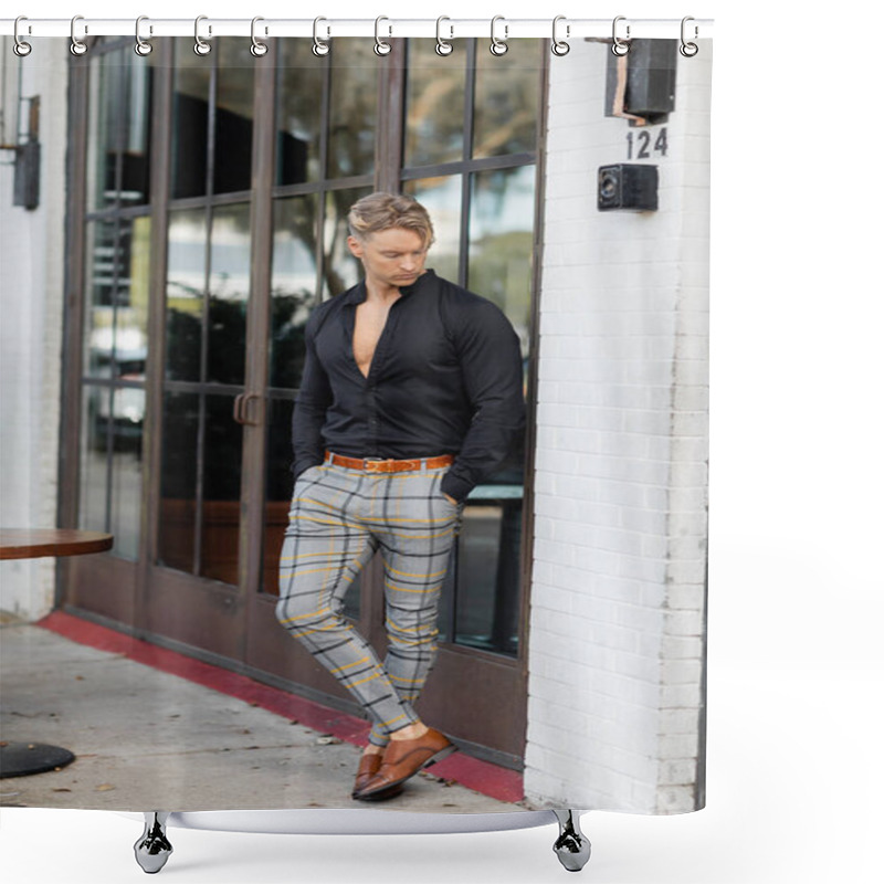 Personality  A Handsome Blonde Man In A Black Button-down Shirt And Plaid Pants Leans Against A Building In Orlando, Florida. Shower Curtains