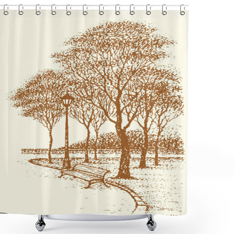 Personality  Antique Calm Pond Shore Place Vase Scene. White Paper Text Space Backdrop. Line Black Ink Pen Hand Drawn Ocean Stone Steps Square Picture Painting Symbol Design In Retro Art Cartoon Wood Texture Style Shower Curtains