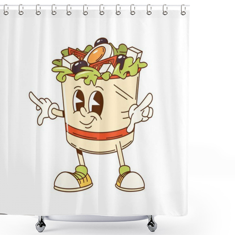 Personality  Cartoon Groovy Greek Salad Bowl Fast Food Character. Isolated Vector Playful Mediterranean Cuisine Cup Personage Filled With Ingredients Like Fresh Vegetables, Lettuce, Tomatoes, Olives And Eggs Shower Curtains