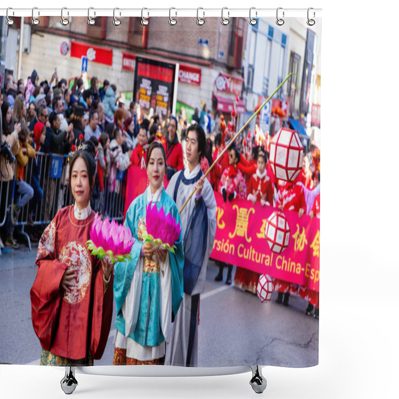 Personality  Happy Chinese New Year. 2025. Chinese Lion Dance Performance On The Streets. Chinese Lion Costumes During Chinese New Year Celebration In China. Celebrations Concept. Shower Curtains