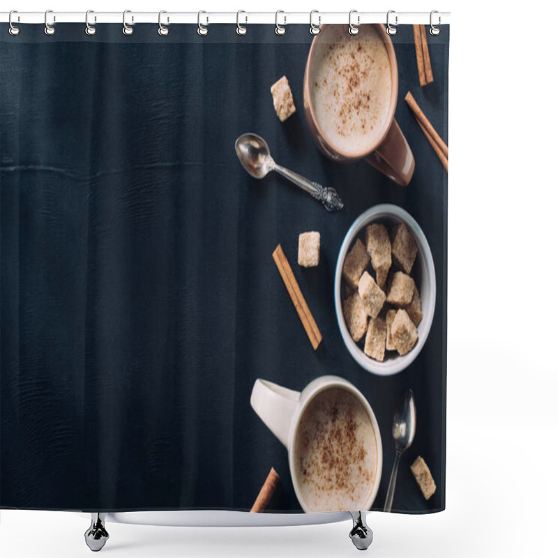 Personality  Top View Of Cups Of Coffee, Spoons, Bowl Of Cane Sugar And Cinnamon Stick On Dark Tabletop Shower Curtains