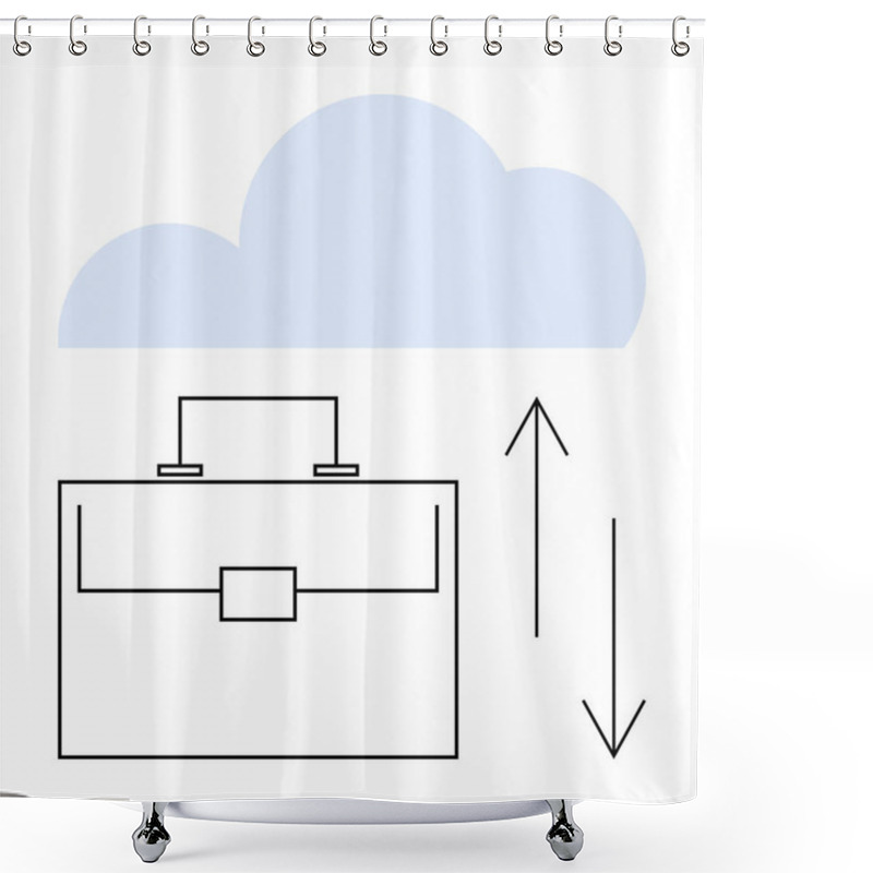 Personality  Briefcase Under A Cloud With Arrows Showing Upload And Download. Ideal For Business, Storage, Data Management, Remote Access, Cloud Computing, File Transfers, Abstract Line Flat Metaphor Shower Curtains