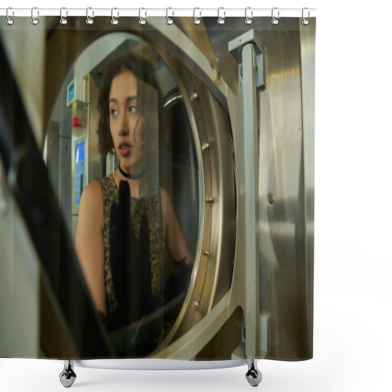 Personality  Trendy Young Asian Woman Posing Near Door Of Washing Machine In Public Laundry Shower Curtains