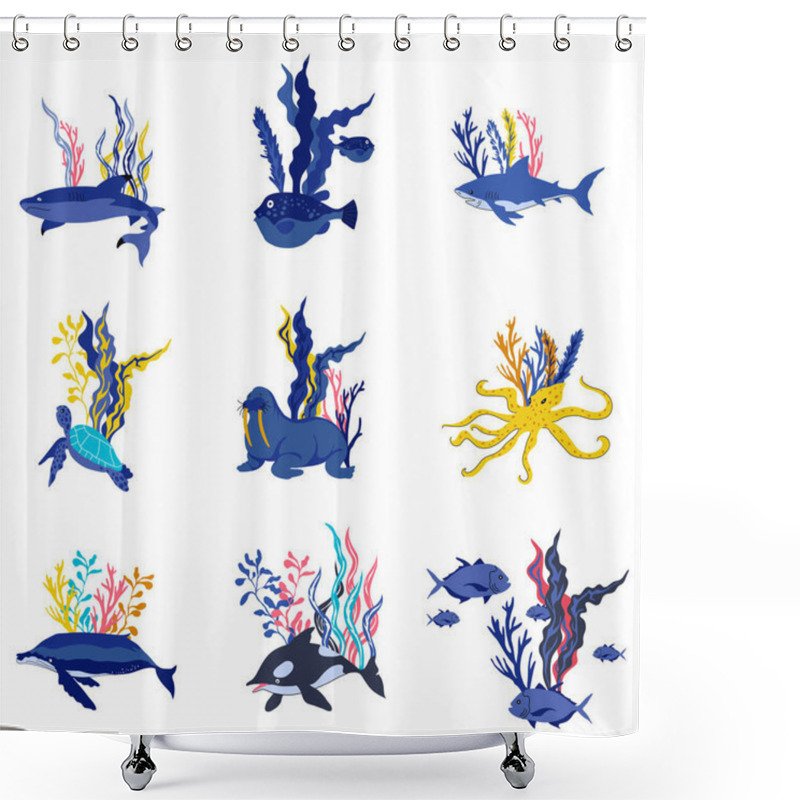 Personality  Sea Weeds And Marine Creatures Floating And Swimming Vector Set. Sea Animal And Wild Underwater Fauna Concept Shower Curtains