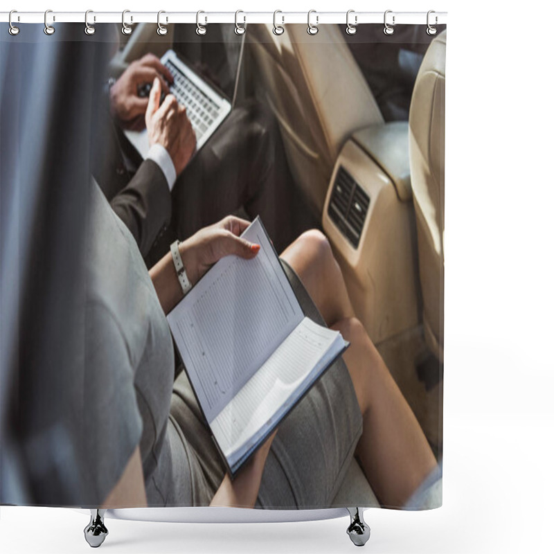 Personality  Cropped Image Businessman And Assistant Working In Car With Laptop And Notebook Shower Curtains