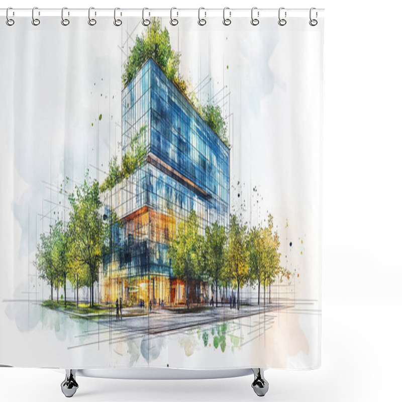 Personality  Exemplifying The ESG Environmental, Social, Governance Concept, A Corporate Glass Building Reflects Green Trees. Sustainability Into Business Practice Watercolor And Grid Line Vector Illustration. Shower Curtains