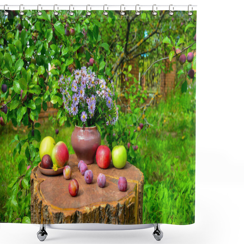 Personality  Beautiful Flowers, Apples And Plums In Garden  Shower Curtains