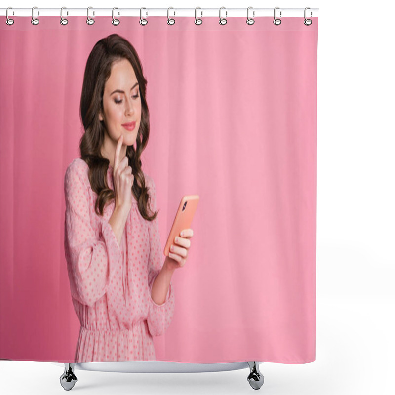 Personality  Portrait Of Minded Interested Girl Use Smartphone Touch Chin Finger Read Social Media News Think Thoughts Wear Polka-dot Spring Outfit Isolated Over Pastel Color Background Shower Curtains