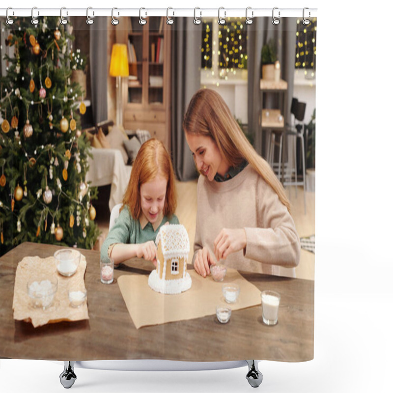 Personality  Cute Little Girl Helping Her Mother Sprinkle Roof Of Tasty Gingerbread House Decorated With Whipped Cream While Preparing Christmas Dessert Shower Curtains