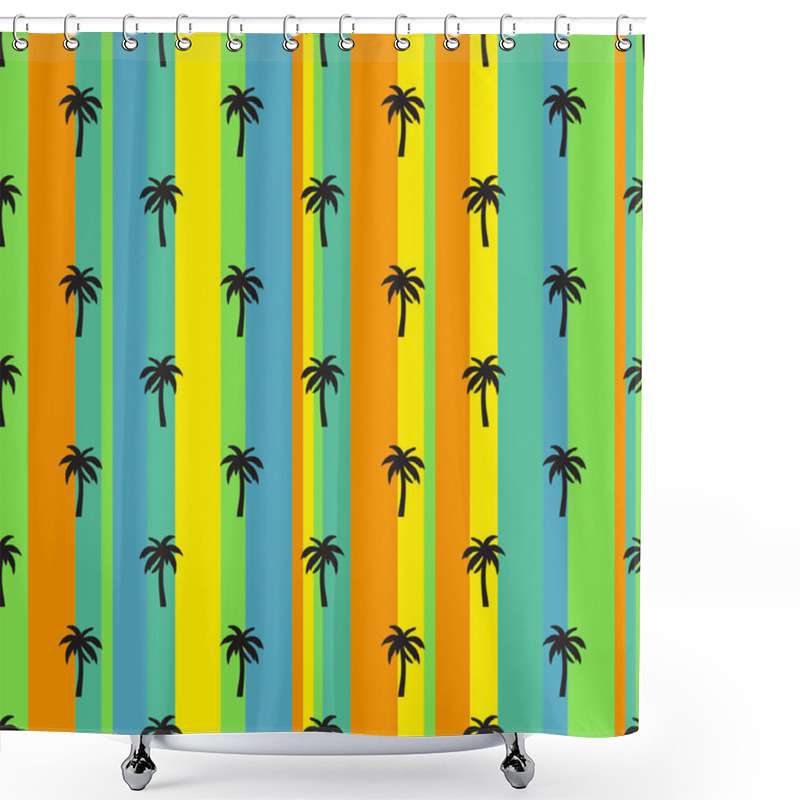 Personality  Silhouettes Of Palm Trees On A Bright Striped Background. Seamless Pattern With Vertical Stripes Of Different Colors And Widths.   Shower Curtains