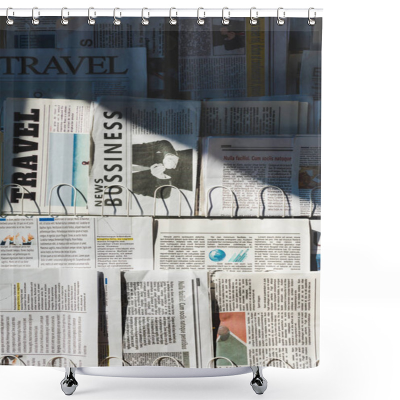 Personality  Different Print Business And Travel Newspapers On Stand In Sunlight Shower Curtains