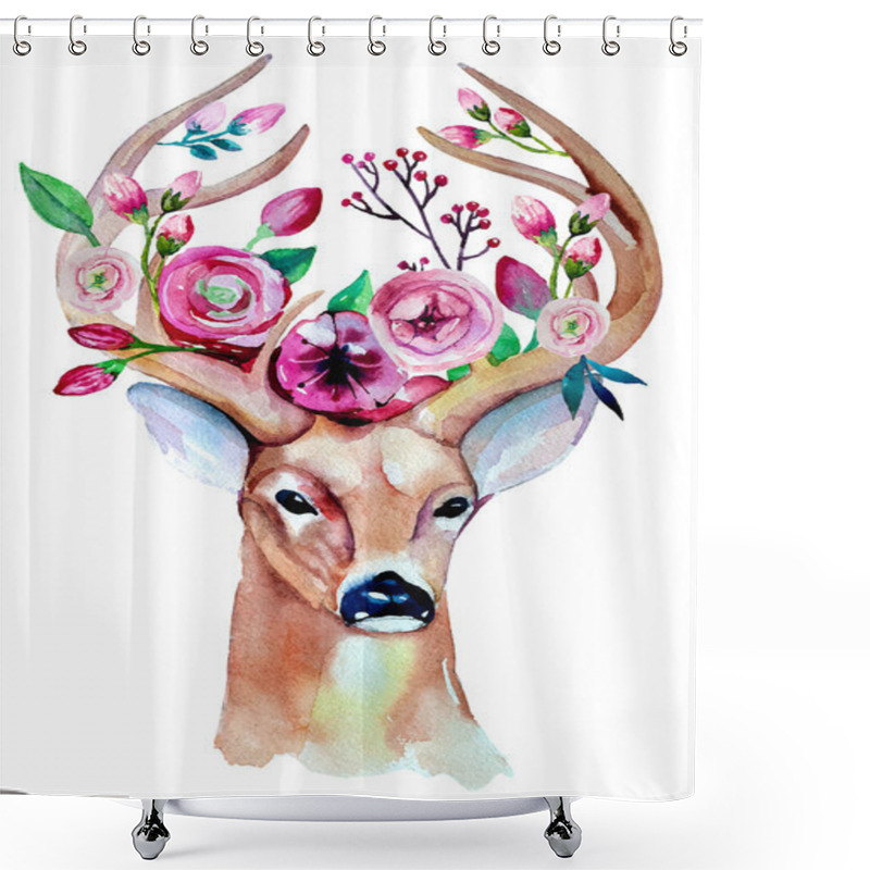 Personality  Hand Drawn Deer With Flowers Shower Curtains