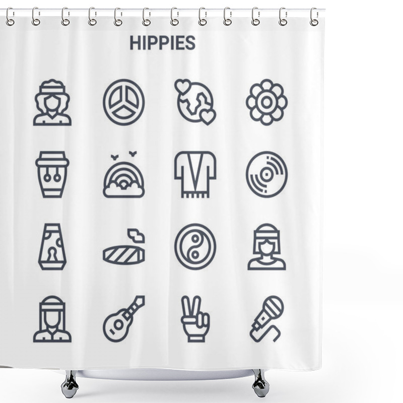 Personality  Set Of 16 Hippies Concept Vector Line Icons. 64x64 Thin Stroke Icons Such As Peace, Conga, Cd, Ying Yang, Guitar, Microphone, Peace, Poncho, Flower Shower Curtains