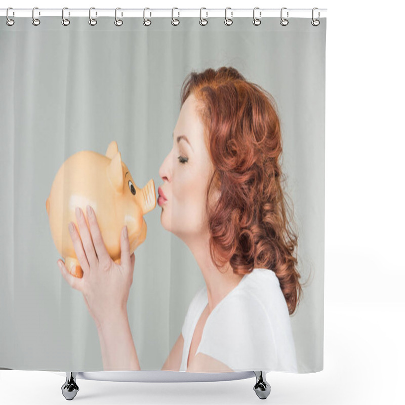 Personality  Woman Kissing Piggy Bank Shower Curtains