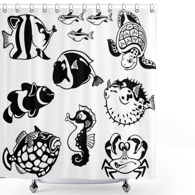 Personality  Set With Fishes Black And White Shower Curtains