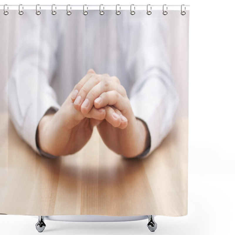 Personality  Hands In Gesture Of Protection. Concept Of Insurance, Safety  Shower Curtains