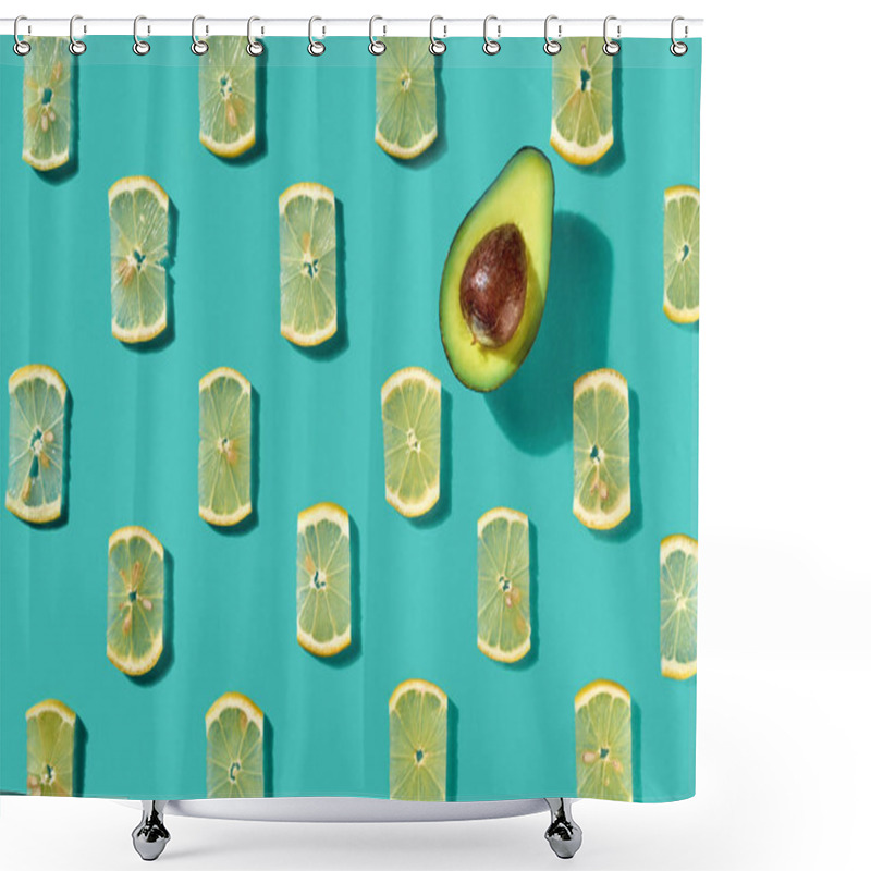 Personality  Half An Avocado And Juicy Lemon Slices On A Blue Background. Creative Food Pattern For Layout. Flat Lay Shower Curtains