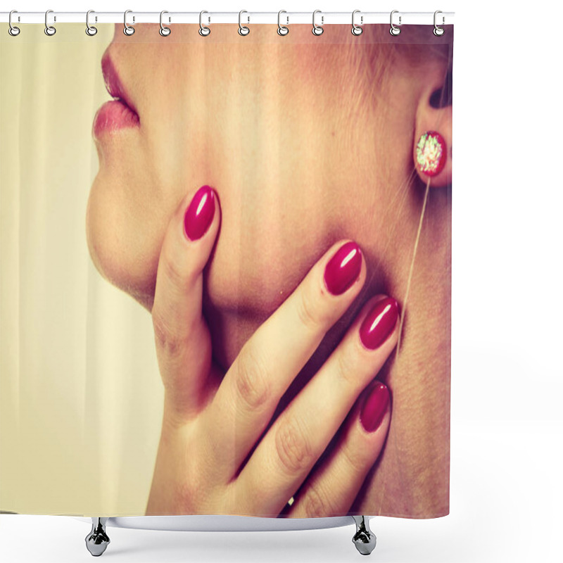 Personality  Woman Holding Her Neck, Feeling Pain Shower Curtains