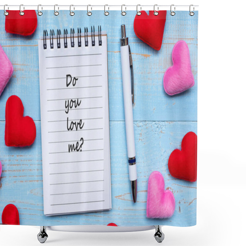 Personality  LOVE AT FIRST SIGHT Word On Note Book And Pen With Red And Pink Heart Shape Decoration On Blue Wooden Table Background. Love Wedding Romantic And Valentine S Day Concept Shower Curtains