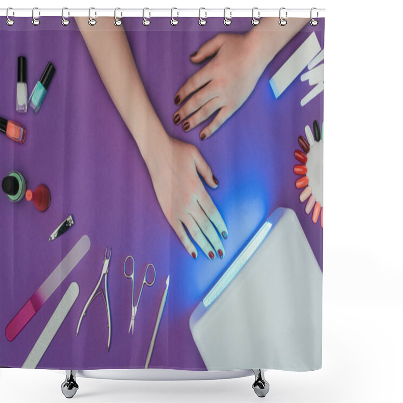 Personality  Cropped Image Of Woman Holding Hand Near Working Uv Lamp Shower Curtains