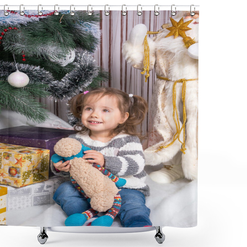 Personality  A Child With A Toy Under The Christmas Tree.  Shower Curtains