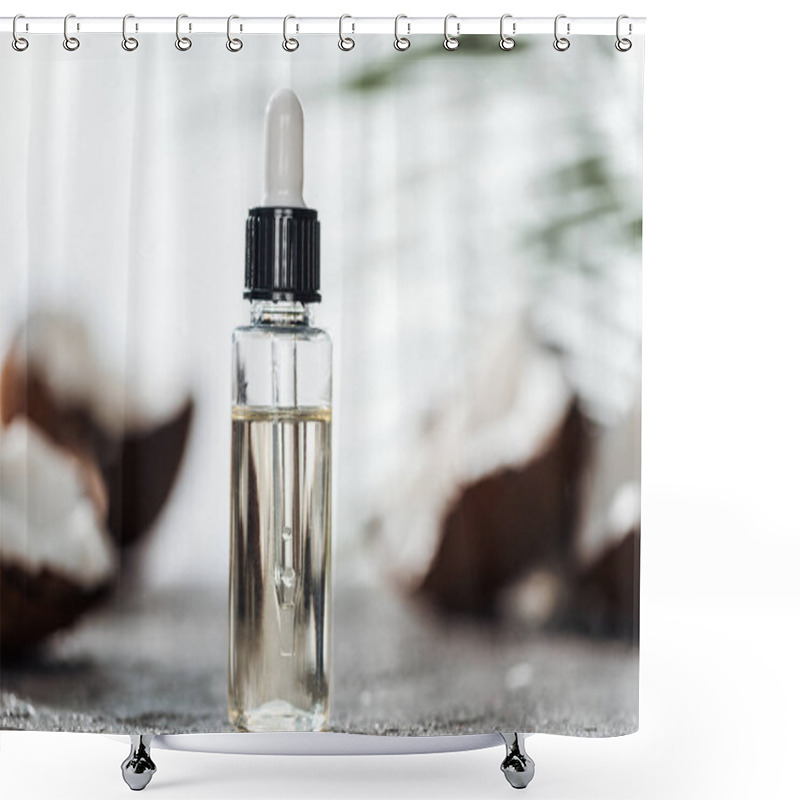 Personality  Selective Focus Of Bottle With Coconut Serum And Dropper Near Cracked Coconuts Shower Curtains