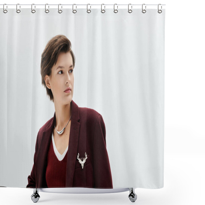 Personality  A Stunning Woman Showcases Her Chic Winter Style, Radiating Confidence And Warmth. Shower Curtains