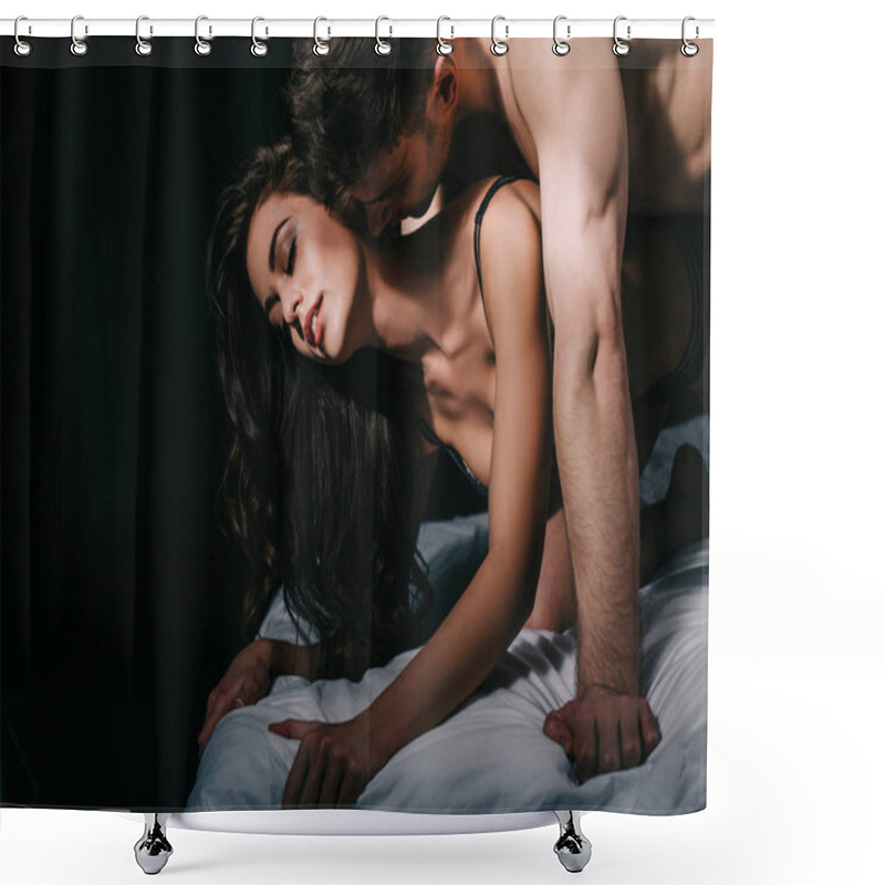 Personality  Beautiful Sexy Half-naked Couple In Bed Isolated On Black With Copy Space Shower Curtains