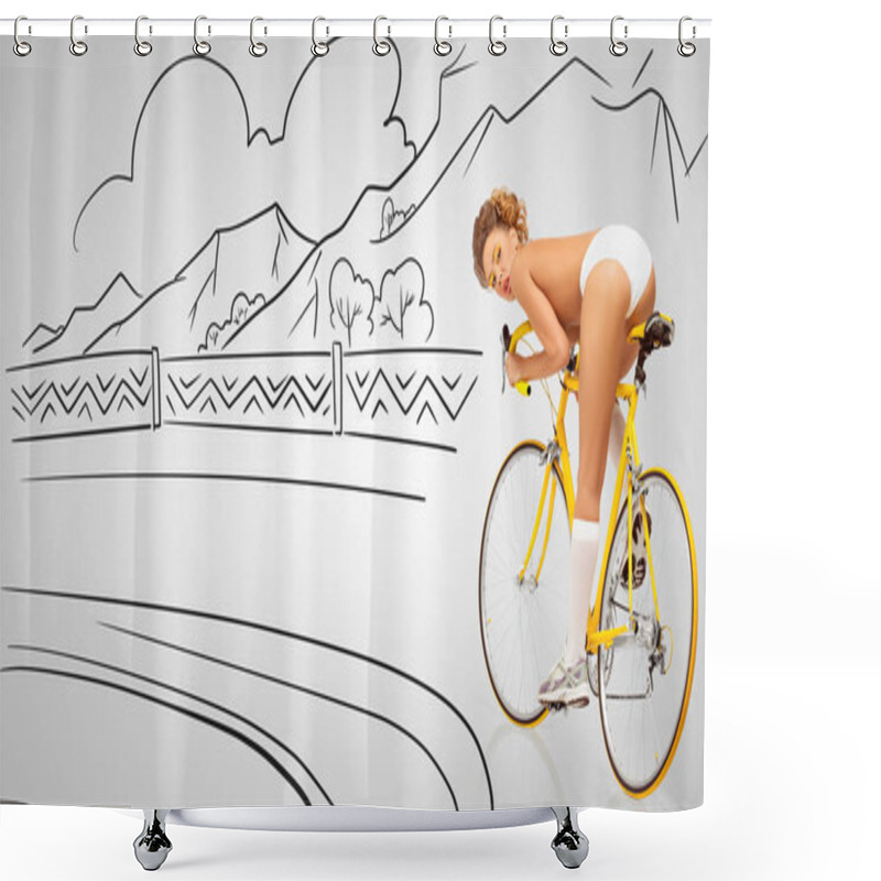 Personality  Back View Of A Sexy Pin-up Female Cyclist In White Erotic Panties Riding A Yellow Racing Bicycle On Sketchy Nature Background. Shower Curtains