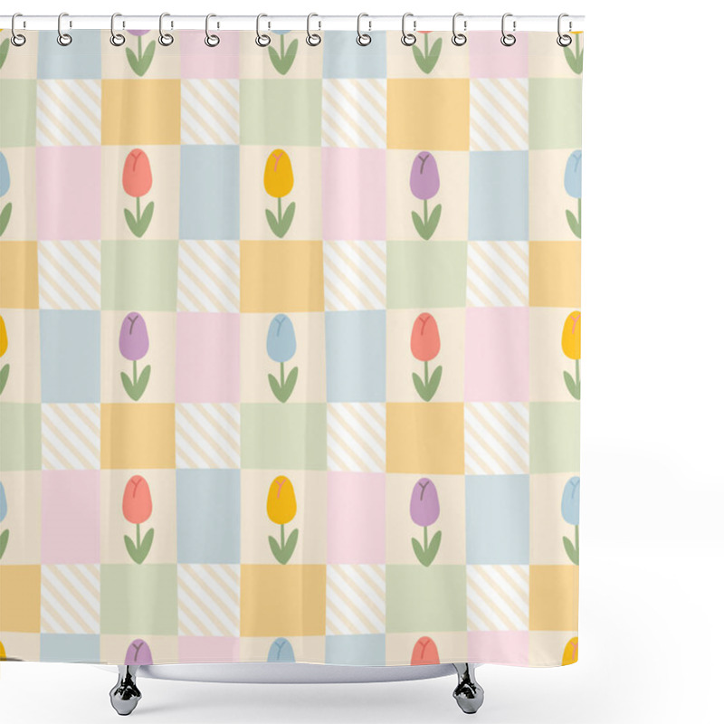 Personality  Gingham Seamless Vector Pattern With Tulip Flowers. Tartan Check For Tablecloths, Napkins, Clothes, Packaging, For The Easter Holiday. Cozy Cute Childish Background In A Pastel Palette Shower Curtains