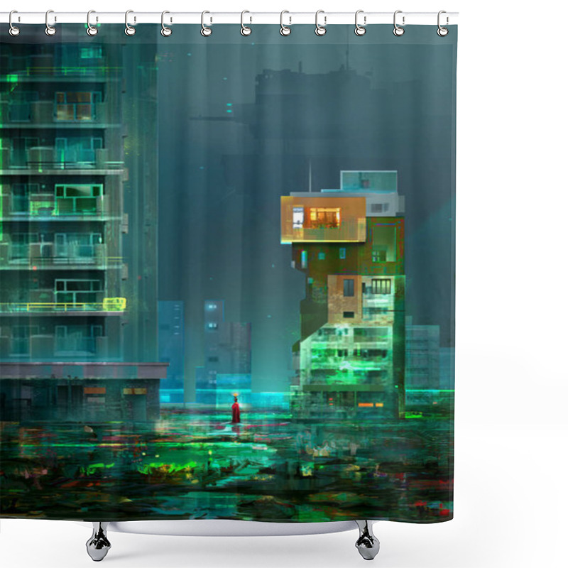 Personality  Drawing Of Cyberpunk, The Night City Of The Future Utopia Shower Curtains