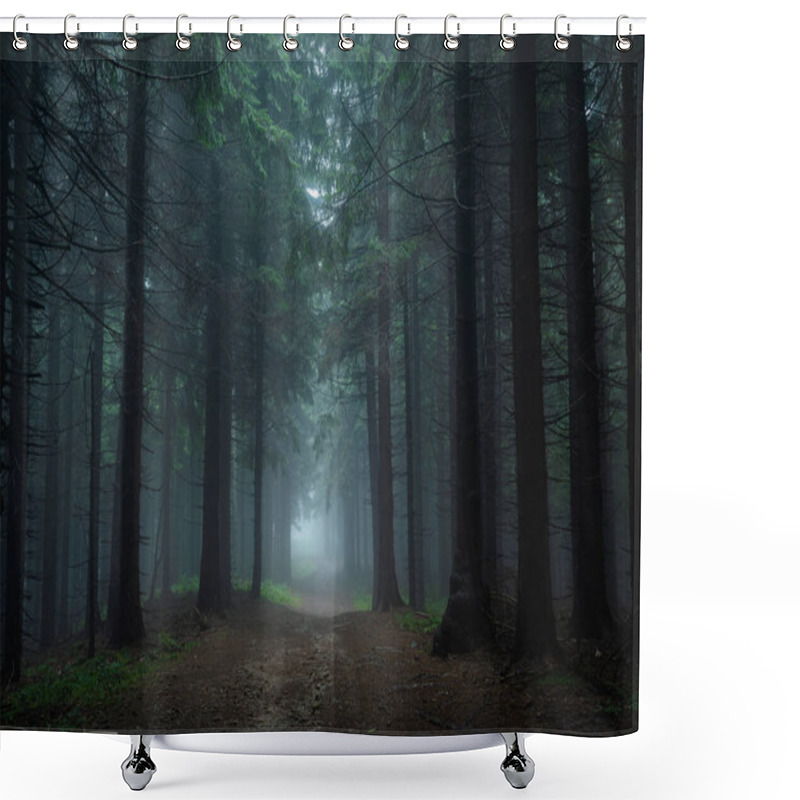 Personality  Gloomy And Dark Forest Road During A Foggy Morning With The Best Mystic Atmosphere In The East Of Bohemia. Shower Curtains