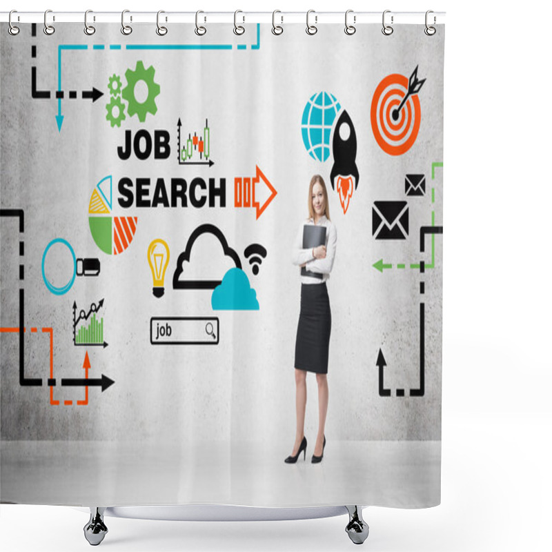 Personality  Beautiful Recruiter Agent With Black Folder Is Looking For New Candidates. Colourful Icons About Job Vacancies. A Concept Of Recruitment Process And Job Search. Internship And Graduate Programmes. Shower Curtains