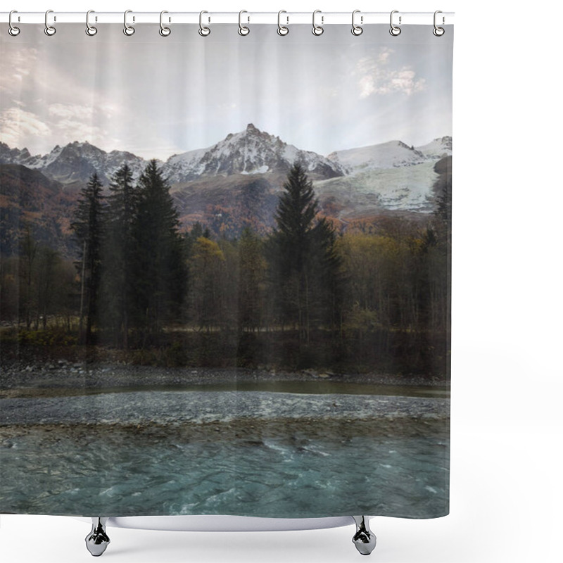 Personality  Scenic Landscape Capturing The Turquoise River Flowing Through The Valley Near Chamonix, France, With The Snow Capped Aiguille Du Midi Peak Mont Blanc And Autumn Foliage Shower Curtains