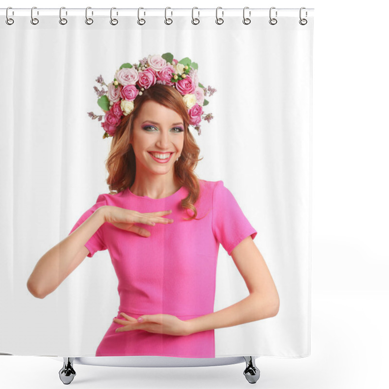 Personality  Beautiful Young Woman Wearing Floral Headband Isolated On White Background Shower Curtains