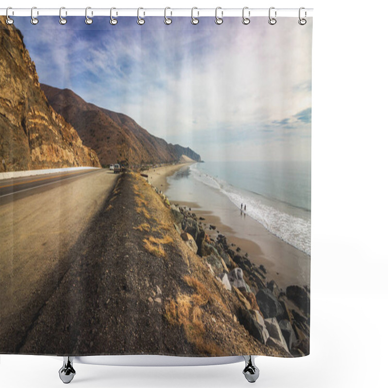 Personality  Iconic View Of Pacific Coast Highway Winding Along The Southern California Coast With The Santa Monica Mountains On One Side Of The Road And Pacific Ocean On The Other Shower Curtains