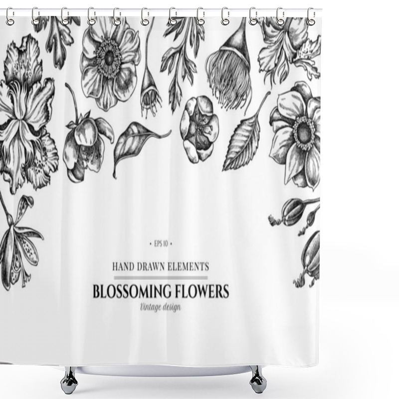 Personality  Floral Design With Black And White Japanese Chrysanthemum, Blackberry Lily, Eucalyptus Flower, Anemone, Iris Japonica, Sakura Shower Curtains