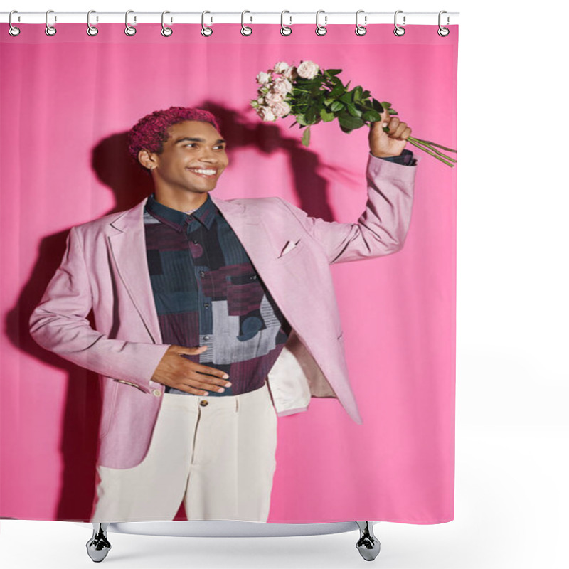 Personality  Cheerful Young Man In Pink Blazer Posing Like Doll With Rose Bouquet In Hands And Looking Away Shower Curtains