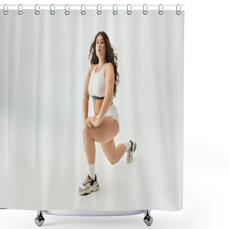 Personality  Beautiful Young Woman Showcases Trendy Underwear With Confidence In A Bright Setting. Shower Curtains