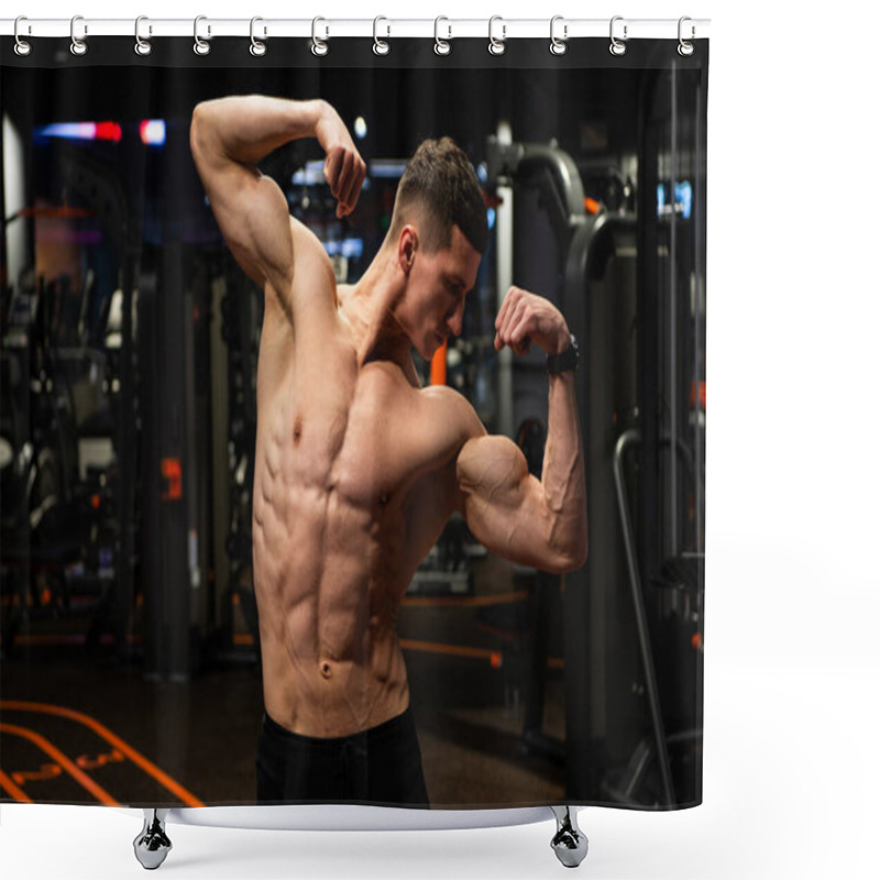 Personality  Strong Guy With Fit Torso Flexing Arms Muscles Standing In Double Biceps Pose In Gym, Strength Shower Curtains