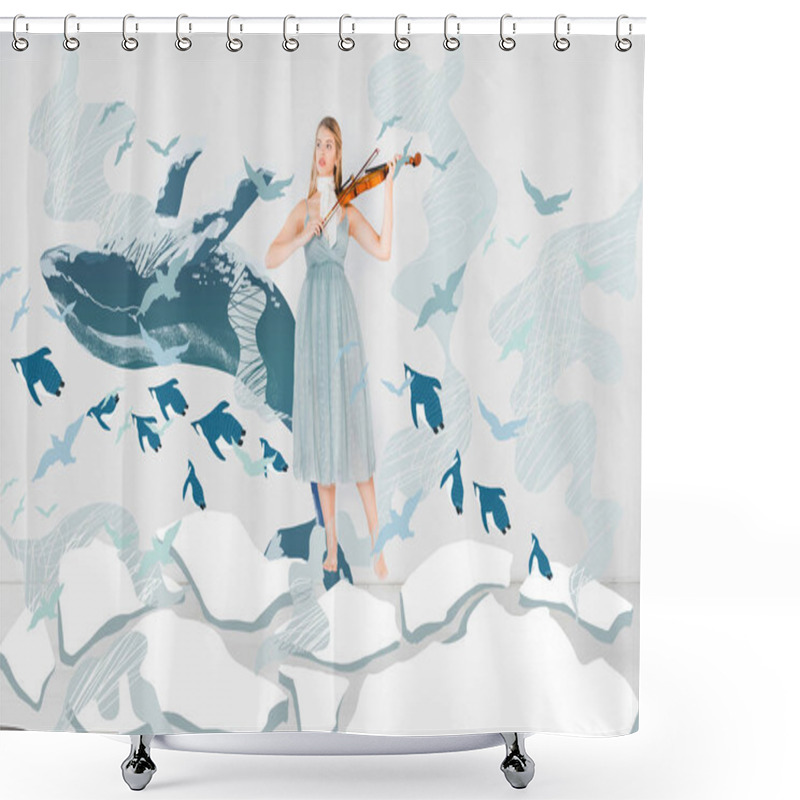 Personality  Floating Girl In Blue Dress Playing Violin With Whale And Birds Illustration Shower Curtains