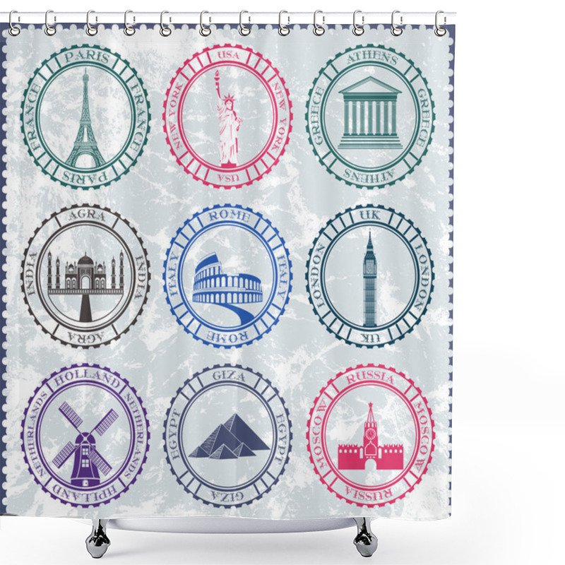 Personality  Set Of Vector Icons And Stickers. Travel And Sightseeing. Shower Curtains