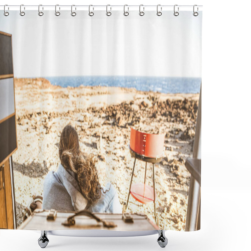 Personality  Young Hipster Couple At Sunset Traveling Together On Oldtimer Mini Van Transport - Travel Lifetstyle Concept With Indie People On Minivan Adventure Trip Relaxing And Chilling - Warm Bright Filter Shower Curtains