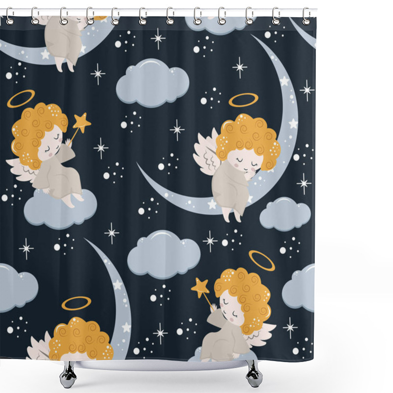 Personality  Seamless Pattern With Angel And Moon - Vector Illustration, Eps Shower Curtains