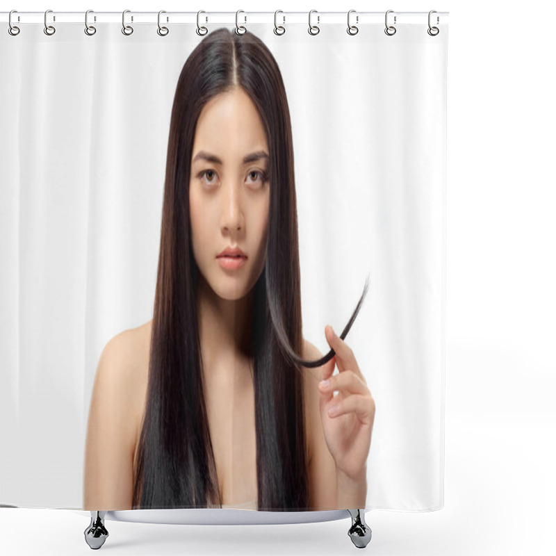 Personality  Portrait Of Young Asian Woman With Split Ends Looking At Camera Isolated On White, Damaged Hair Concept Shower Curtains