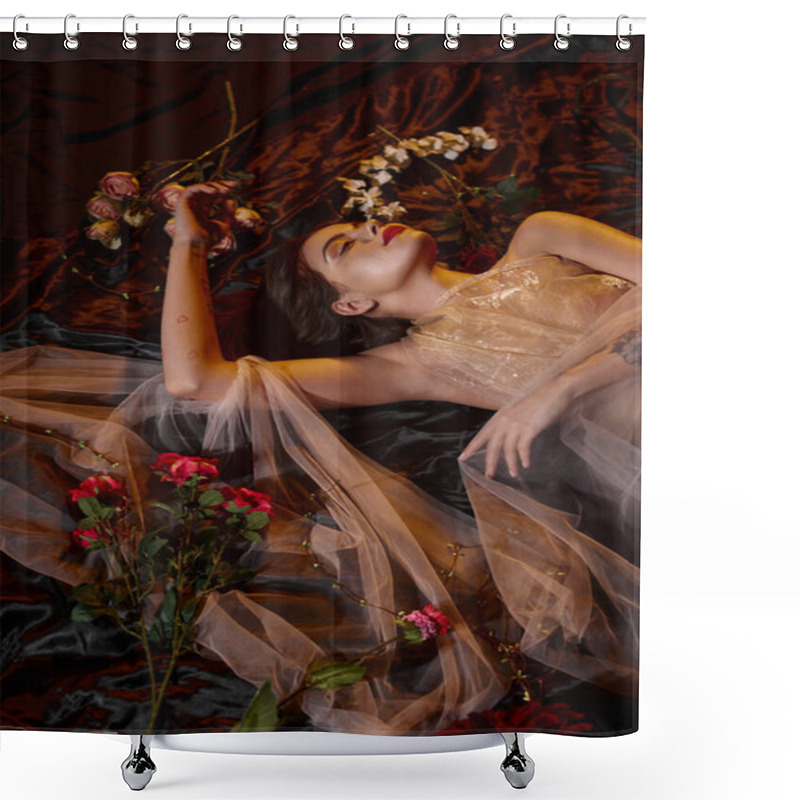 Personality  Elegant And Tattooed Young Woman In Romantic Transparent Dress Lying Among Blooming Flowers Shower Curtains