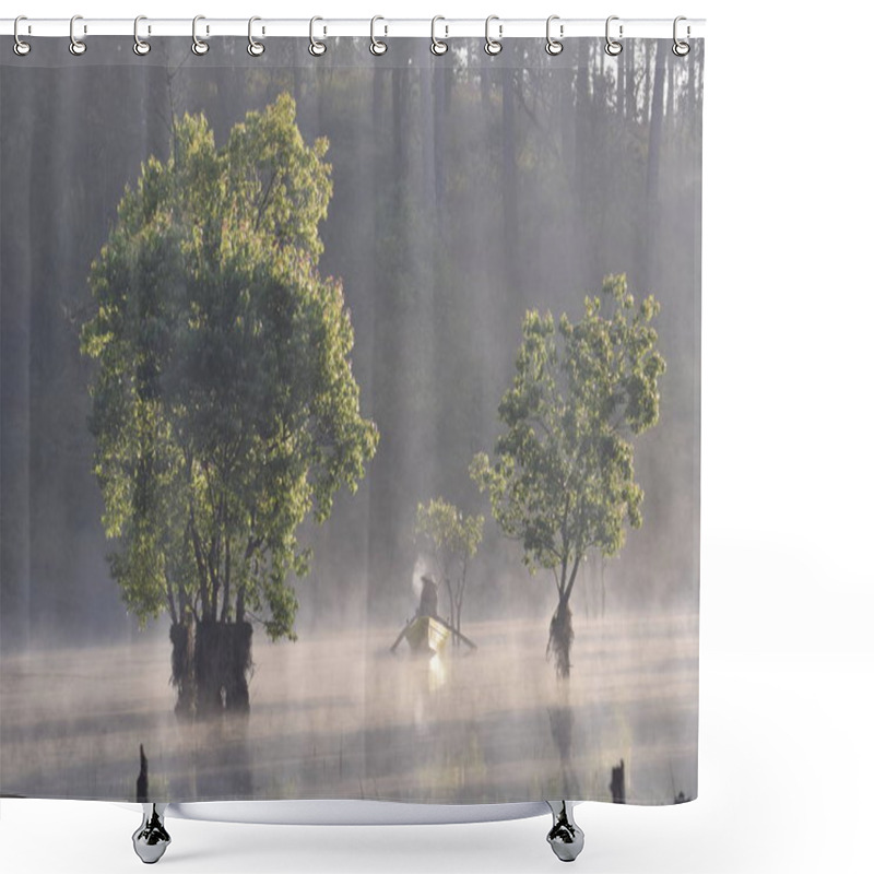 Personality  Submerged Trees And Fishing Man On The Lake With Dense Fog And Magic Light At Sunrise Shower Curtains